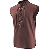 JIEFULL Mens Medieval Pirate Sleeveless Shirts Renaissance Lace Up Cotton Linen Tank Top Gothic Viking Pirate Beach Tunic