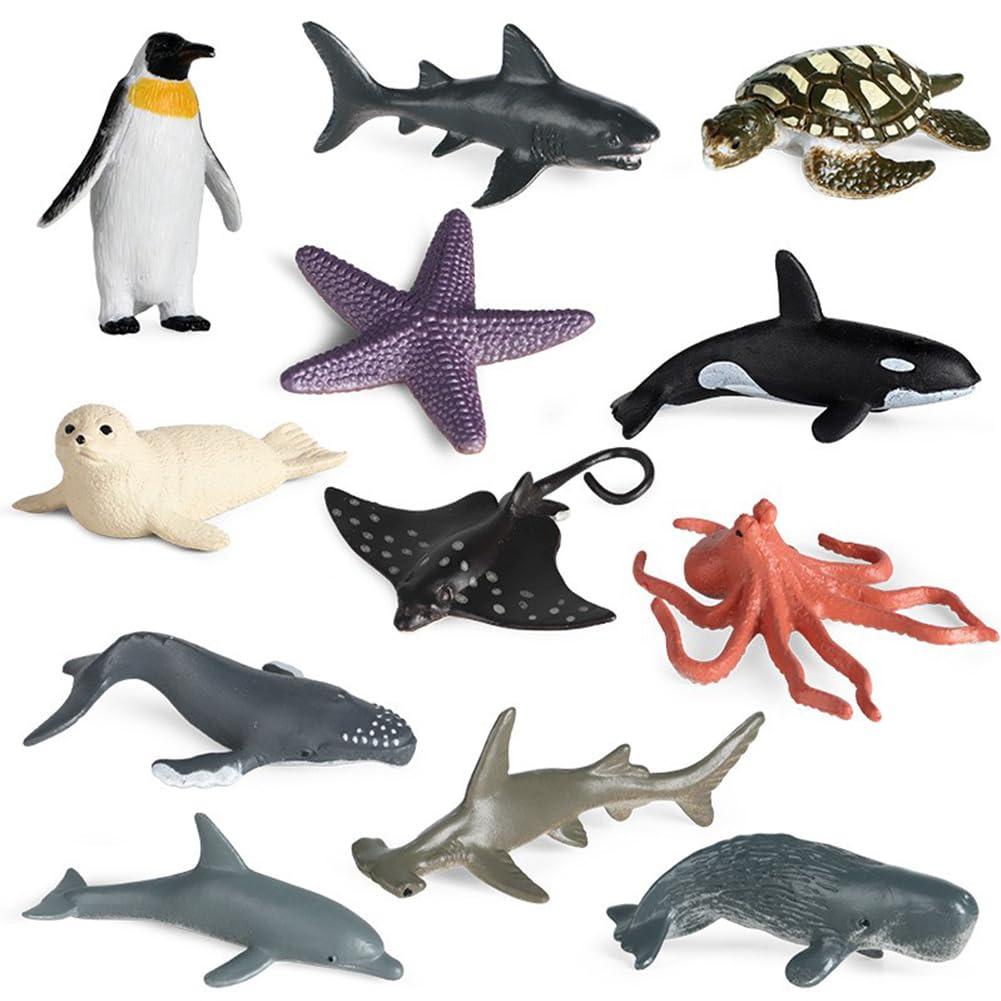 SWZY Ocean Animal Figures - 12 Realistic Ocean Toy Animal Including Sharks, Penguins,Seal,Whales,Dolphins and More - Perfect for beach or Cake Toppers,Children's marine life Educational toys for Kids