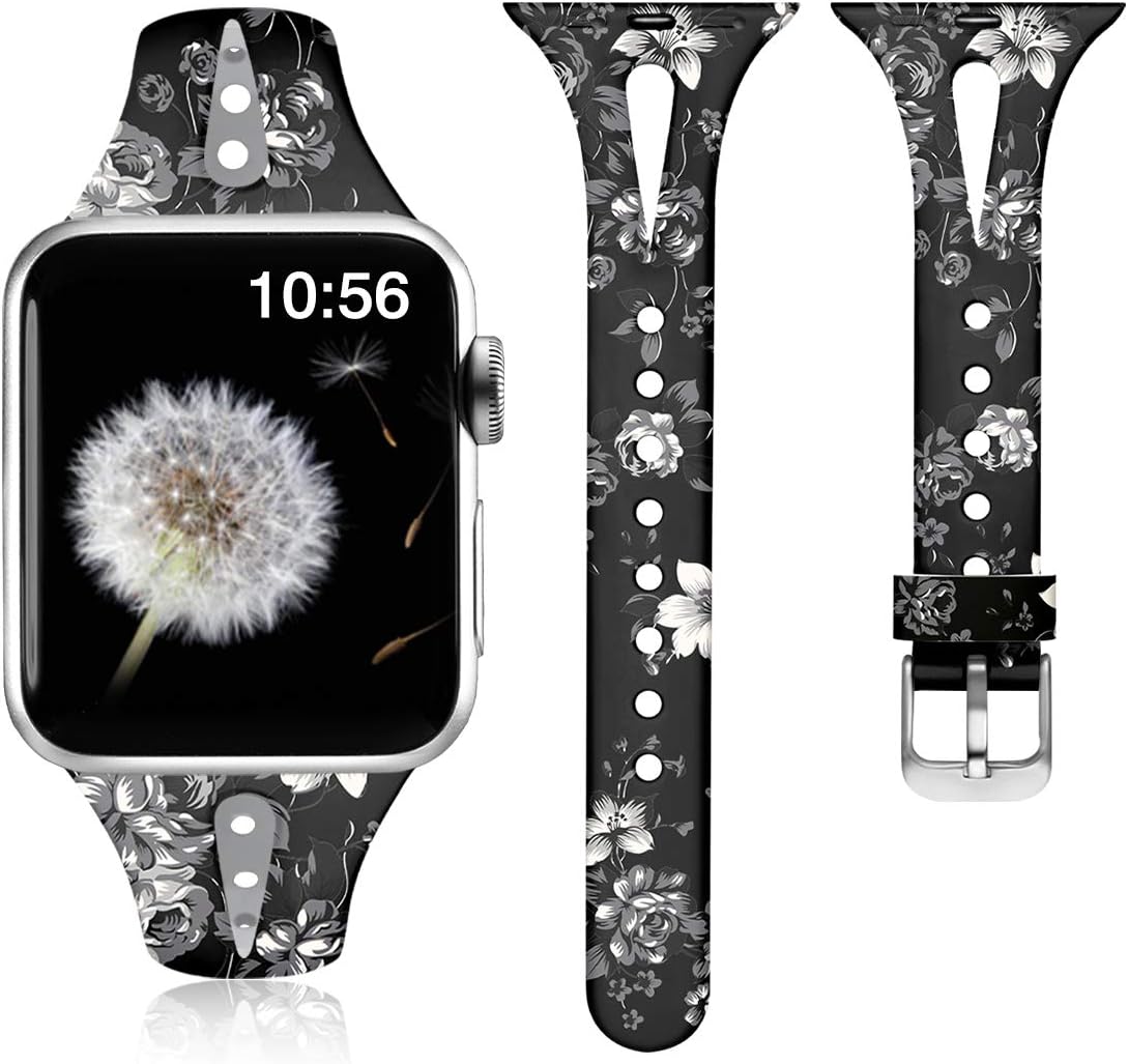 ZAROTO Compatible for Sunflower Apple Watch 44mm Bands Series 6 5/4, Womens Apple Watch SE Band, 42mm iwatch Series 3 2, Comfortable Pattern Cute Slim Silicone Thin Print Wristband S/M Gray Flower