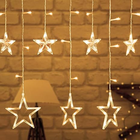 lovelyhome Curtain String Lights, 2.5 m 138 LED Window Curtain Lights for Christmas Party Home Garden (12 Stars,Warm White)