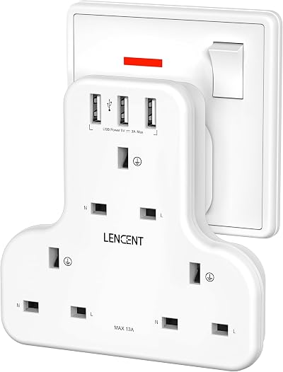 LENCENT 3 Way Plug Extension Socket with 3 USB Ports 13A 3250W UK