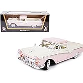 LUCKY DIE CAST 1957 Ford Ranchero 1:18 Diecast Model - First-Gen Ute Coupe Utility, 292 V8 Badge, Opening Doors & Functional Steering Wheel, Premium Gift Box for Collectors, 14+,Pink and White