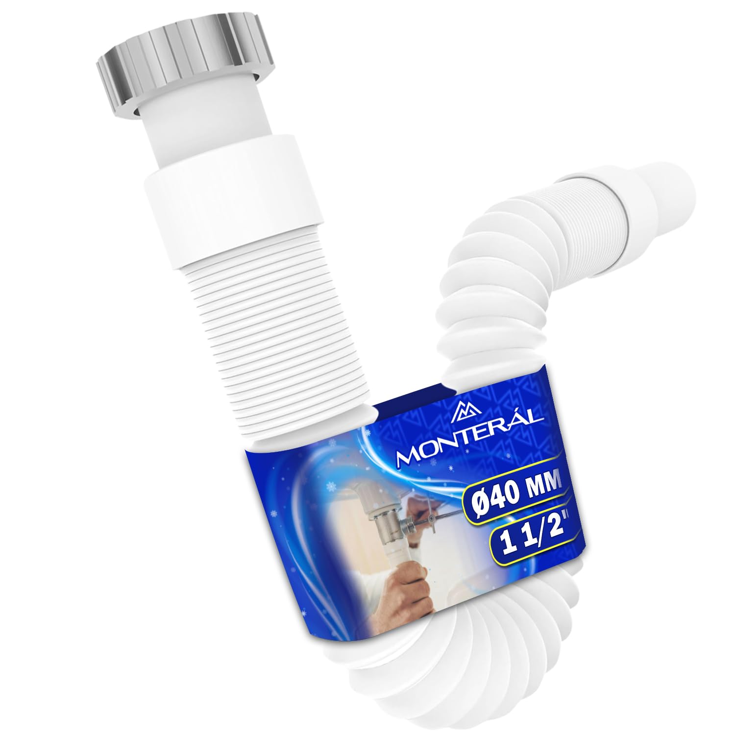 Flexible Waste Pipe Trap for Kitchen Sink Bathroom Sink and Bidet Size 1 1/2" x 40 mm Complete with Brass Nut and O-Ring - Warranty 10 Years - MONTERAL