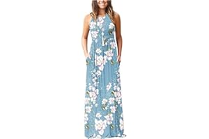 HIUARA 2023 Women Short Sleeves Dresses with Pockets Long Sun Dresses Summer Boho Casual Crewneck Beach Maxi Long Dress