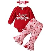 My First Valentines Newborn Baby Girl Outfits Letter Romper Love Heart Print Bell-Bottom Flare Pants Headband