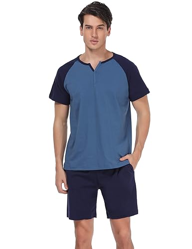 Aibrou Herren Schlafanzug Pyjama kurz Nachtwäsche Set Sommer Sleepwear Loungewear aus Baumwolle