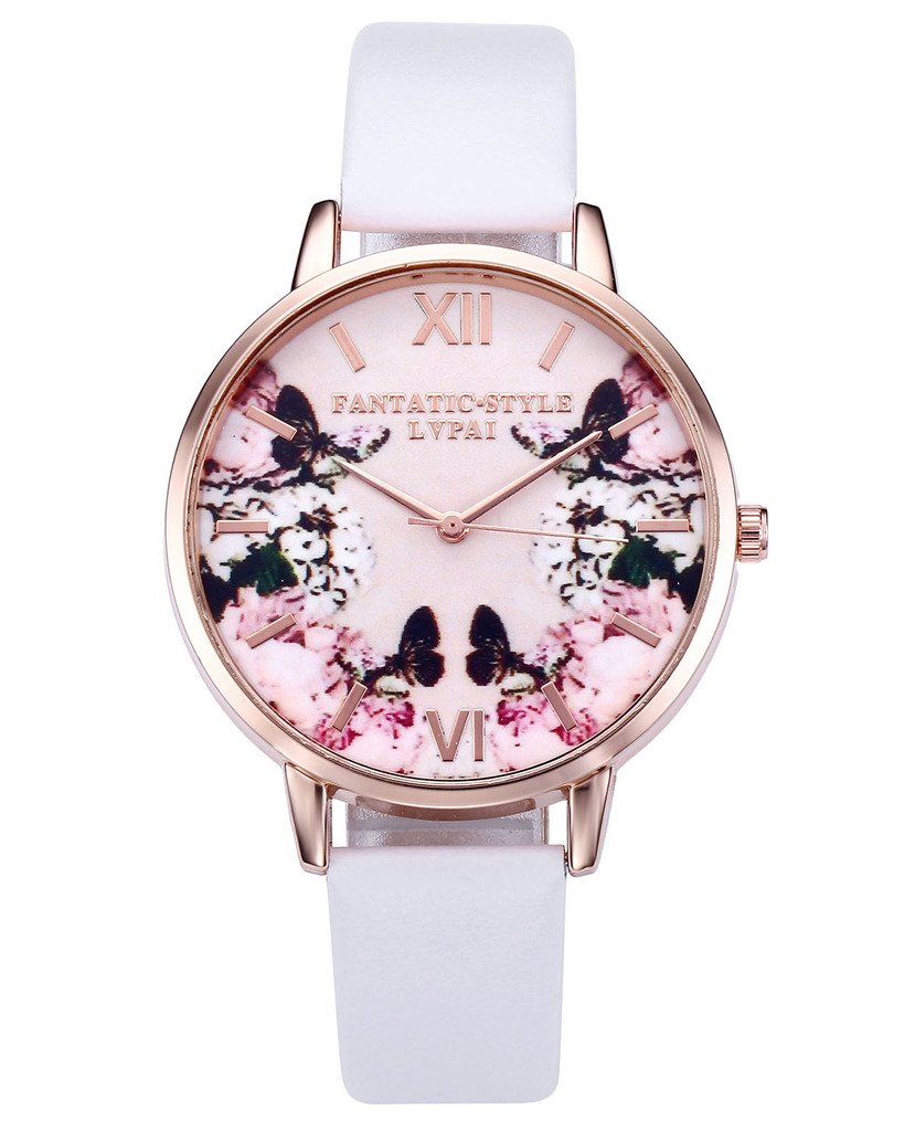 JSDDE Uhren,Modische Schmetterling Blumen Armbanduhr Basel-Stil Damen Uhr PU Lederband Rosegold Analog Quarzuhr,Weiss