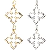 Hobbspring 4Pcs Cubic Zirconia Flower Charms Gold and Platinum Plated Crystal Floral Charms Brass Micro Pave 4 Petal Flower Charm for Jewelry Necklace Bracelets Making DIY Crafts
