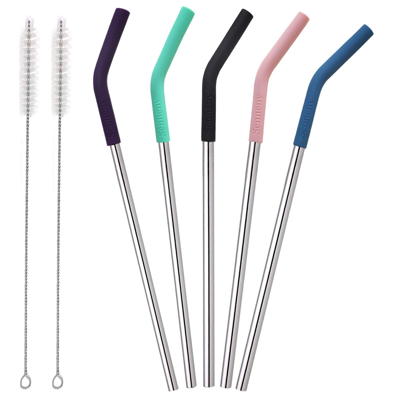 Photo 1 of Senneny Set of 5 Stainless Steel Straws with Silicone Flex Tips Elbows Cover, 2 Cleaning Brushes and 1 Portable Bag Included (Silver)- 6mm diameter