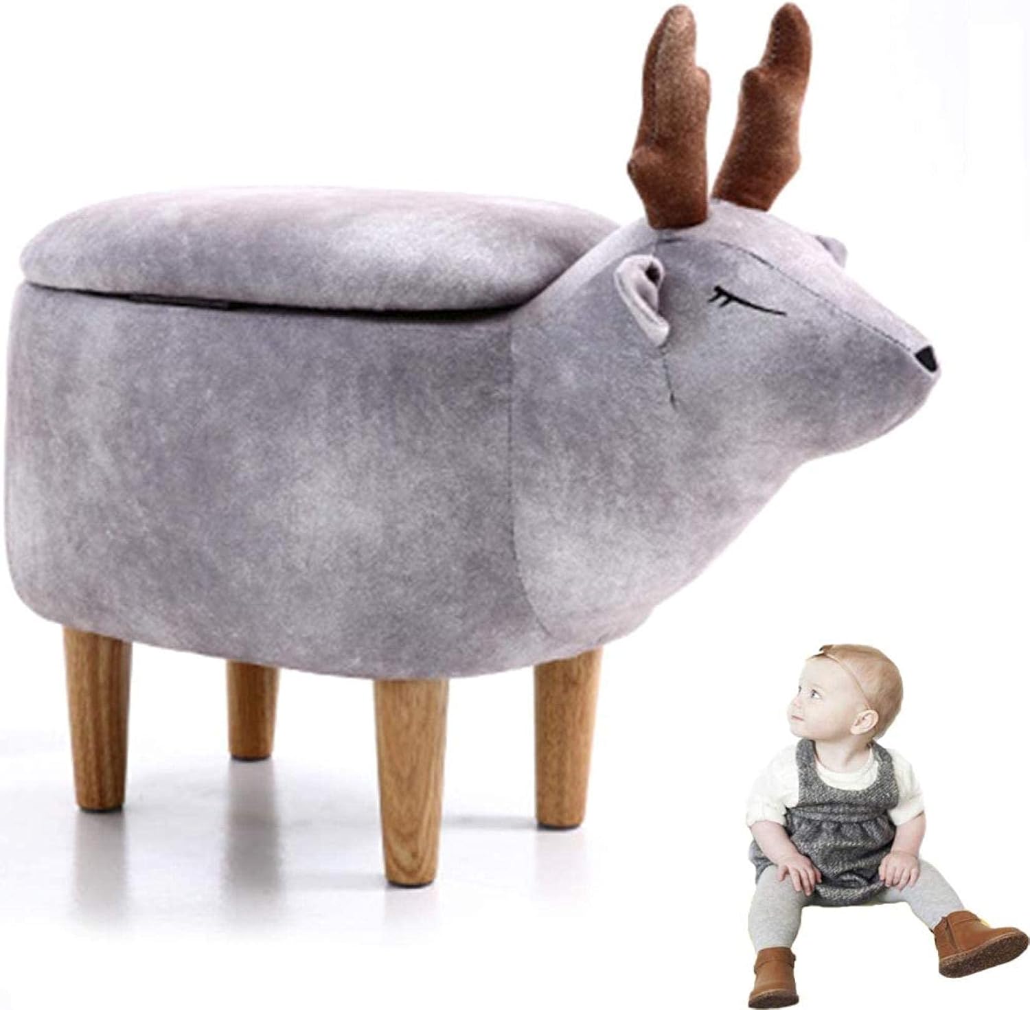 Kids Elk Storage Footstool, Animal Footrest With Wooden Legs, Home