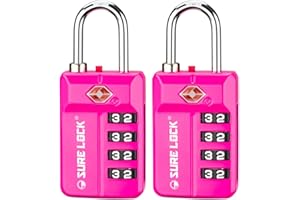 SURE LOCK TSA Approved 4-Digit Resettable Combination Luggage Locks with Open Alert, Easy-Read Dials - for Luggage, School Lockers, Gym, Office, Toolbox & Security Cases (Pink 2 Pack)