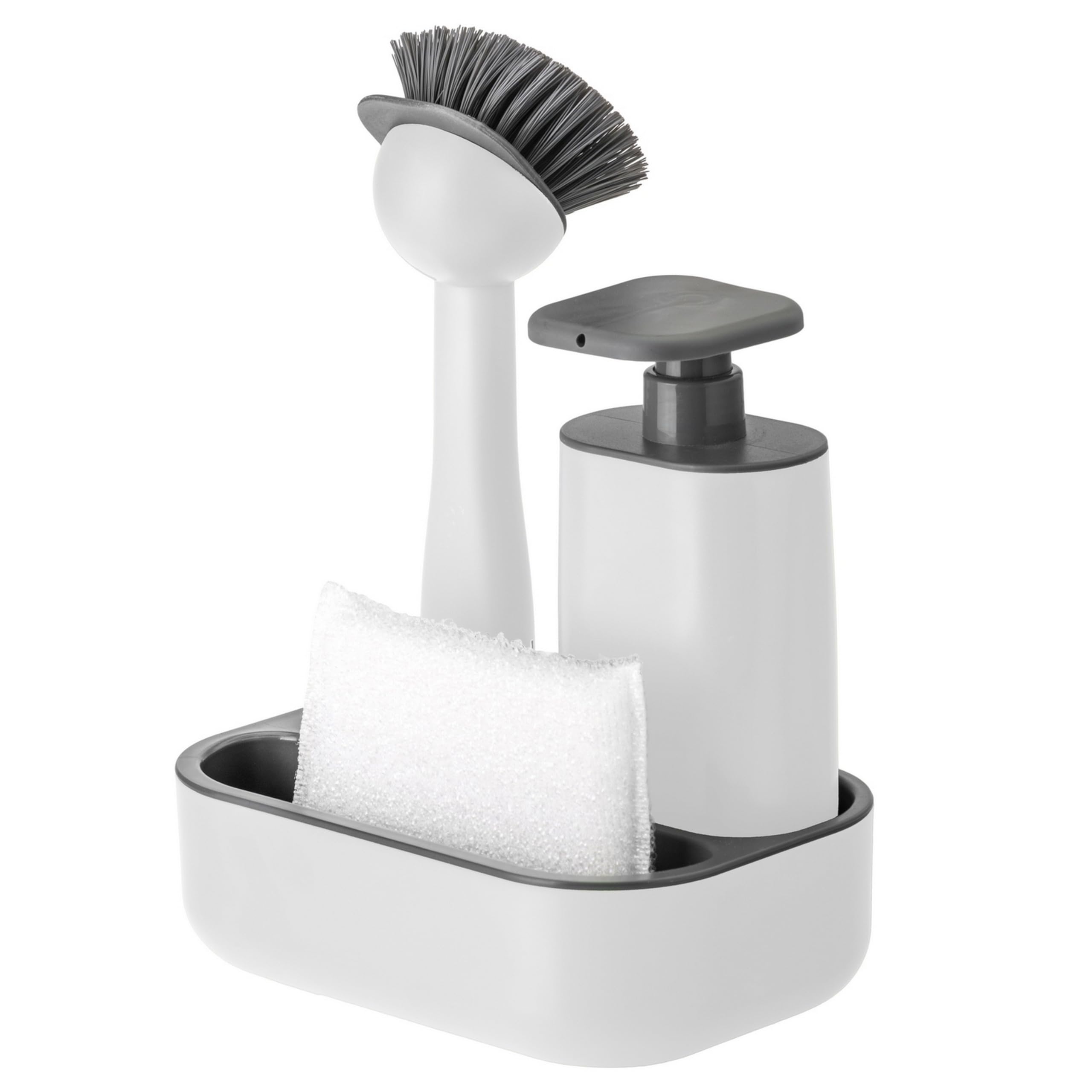 VIGAR - Sink Set - With Brush, Sponge and Soap Dispenser - 19 x 13 x 26.5 cm - Rengo - 200 ml Dispenser - Won't Scratch Crockery - White