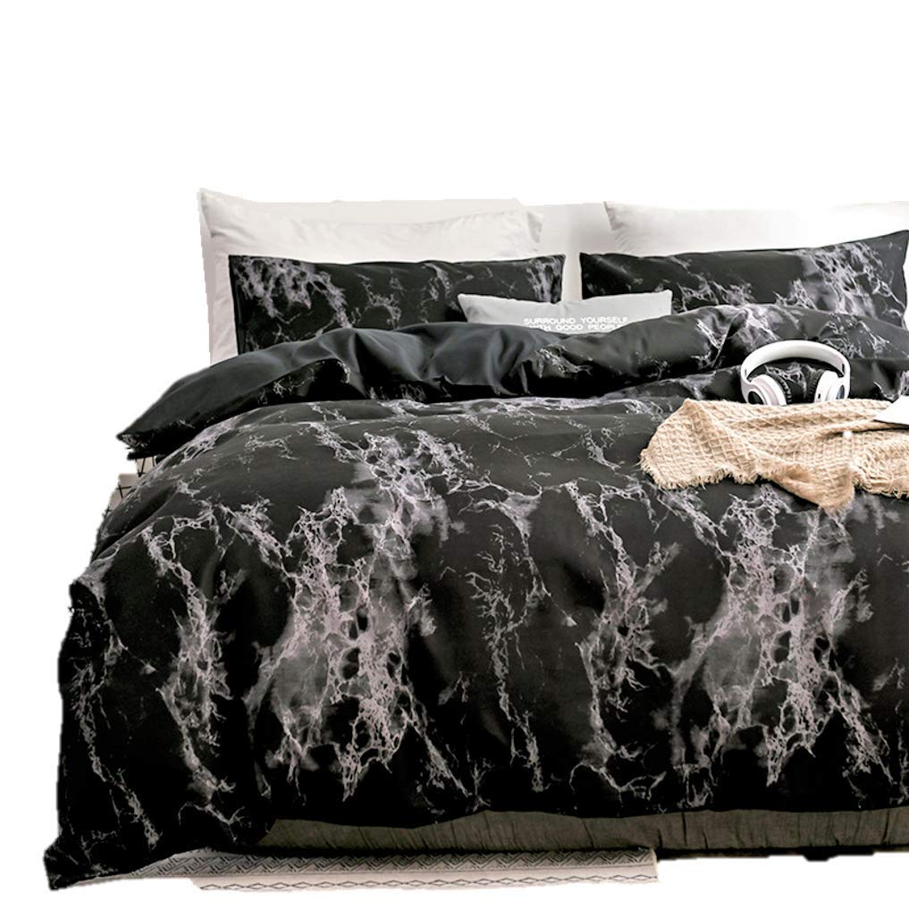 Spring Meow Black Duvet Cover Set Single Marble Bedding Set with Zipper Closure, Also as Quilt Cover or Comforter Cover, Single(135x200cm), 3 Pieces(1 Duvet Cover + 2 Pillowcases)