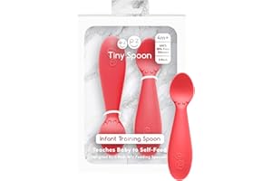 ezpz Tiny Spoon (2 Pack in Coral) - 6 Months+ - 100% Silicone Spoon for Baby Led Weaning + Purees - Designed by a Pediatric Feeding Specialist - Shower Essentials & Gifts