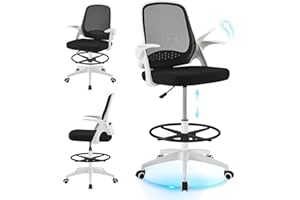 YEEFY Mesh Drafting Chair with Flip-up Arms Footrest Ring Ergonomic Tall Office Chair Standing Desk Chair Adjustable Height Counter Height Office Drafting Chairs High Rolling Drafting Stool