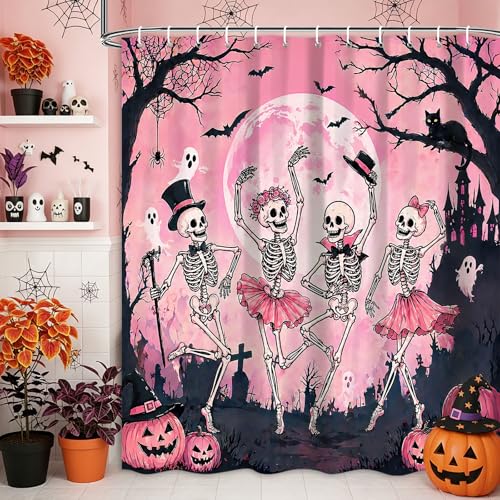 Coveimes Pink Dancing Skeleton Shower Curtain, Cute Halloween Ghost Pumpkin Bathroom Decor, Spooky Pastel Goth Moon Bat Bath Curtain, Waterproof Washable Fabric with Hooks,72X72IN at Amazon