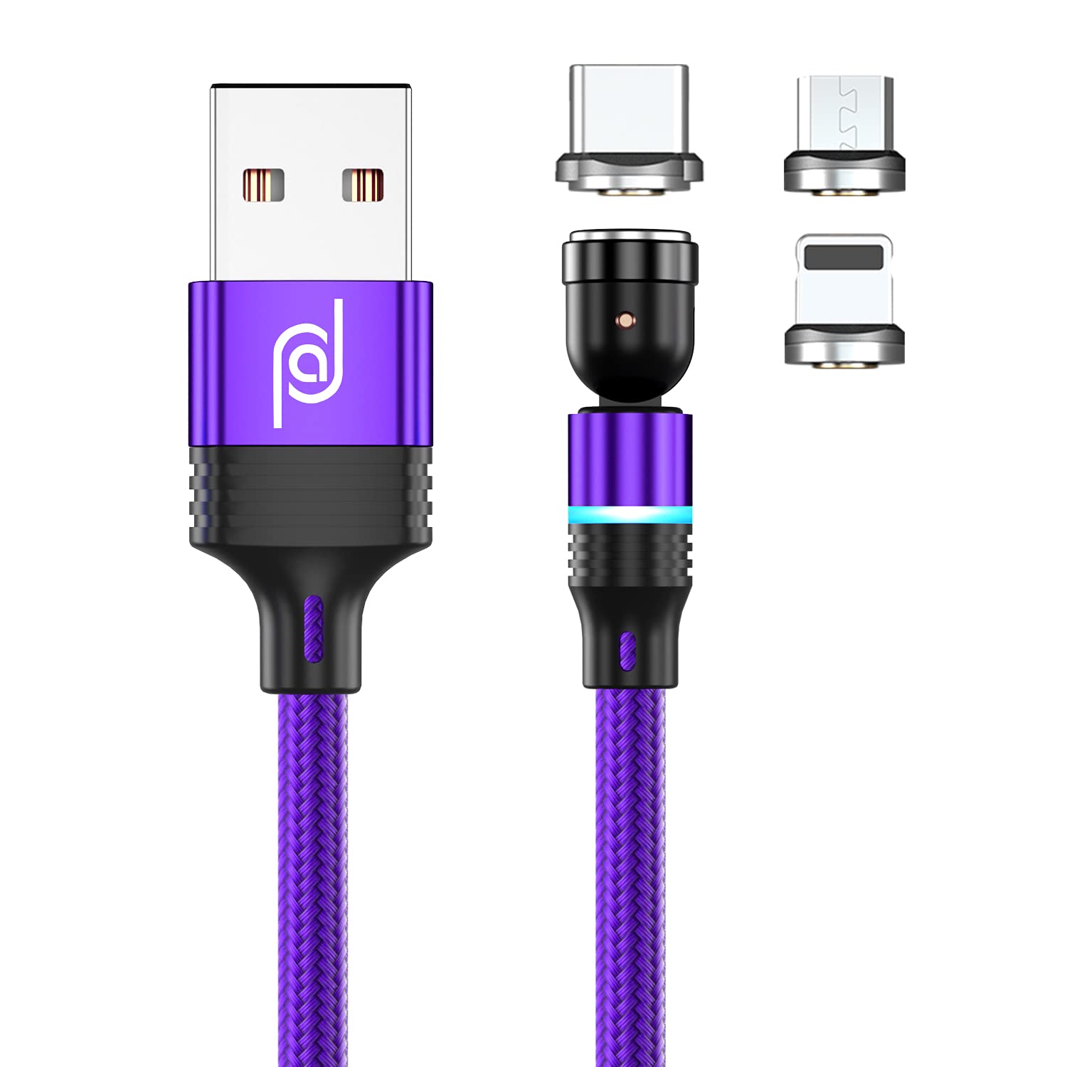 JJA Magnetic Charging Cable 3 in 1, 360°&180° Rotation Magnetic Phone Charger, 3A Nylon Braided Detachable Fast Charger, Type C, I-Connector (Purple, Single Pack)
