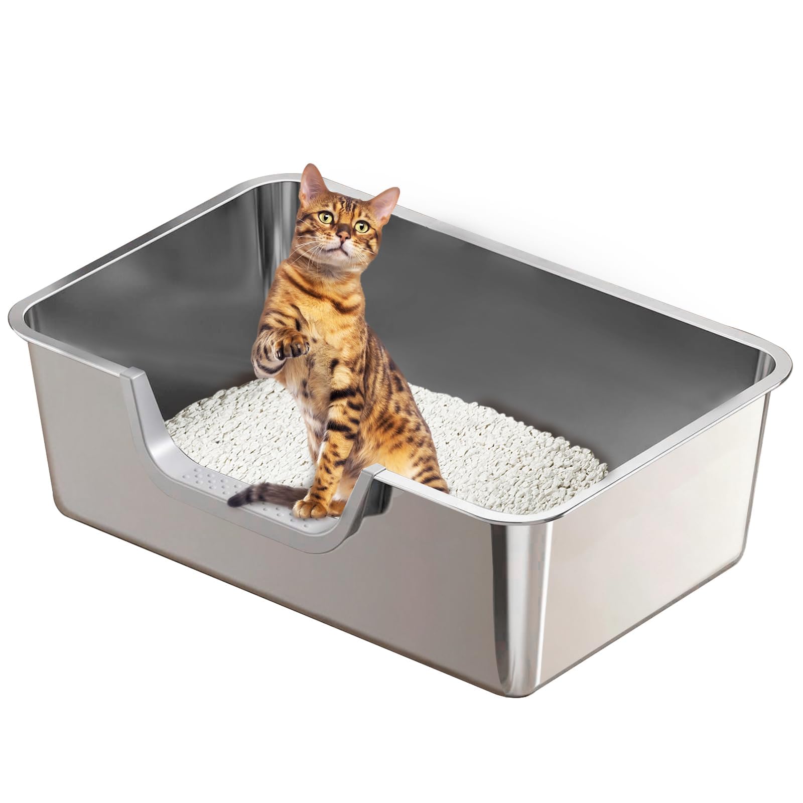 Photo 1 of Tondid Stainless Steel Cat Litter Box, Steel Litter Pan with Curved Low Entry, Leak Proof 6 Inch High Side for Urine, Easy Entry for Kittens Older Cats, No Slip, 17.7" x 13.8" x 6", Silver