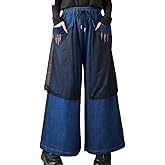 ellazhu Women's Pants Loose Wide Leg High Elastic Waist Mesh Patchwork GZ785 A