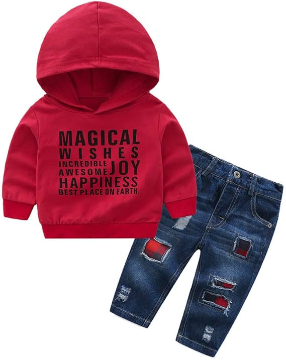 Amazon 子供服 キッズ服 男の子 長袖 可愛い服 2点セット お洒落 レター プリント セーター トップスウェット パーカープルオーバー トップス ダメージ ジーンズ ズボン ビブパンツ オーバーオール 秋冬春80cm 90cm 100cm 110cm 1cm １２ヶ月 ５歳 洋子ちゃん