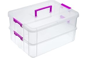 JUXYES 2-Tiers Stack Carry Storage Box With Handle, Transparent Stackable Storage Bin With Handle Lid Latching Storage Container for School & Office Supplies