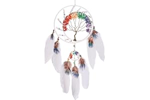 PRETTY JOLLY 7 Chakras White Tree of Life Dream Catchers Wall Decor with Rainbow Healing Crystal Stone Handmade Art Feather Dreamcatcher Wall Hanging Ornament for Bedroom Decor Blessing Gift Wedding Party-23.6"