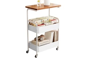 3 Tier Metal Rolling Utility Cart Functional Kitchen Storage Trolley with Wheels Wooden Tabletop Mesh Baskets Organizer for O