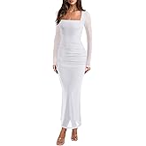 REORIA Long Sleeve Wedding Guest Maxi Dresses for Women Sheer Mesh Square Neck Ruched Bodycon Long Dress 2026 Spring Outfits