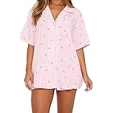 TUWIXIUW Women Valentines Pajamas Sets Cute Heart Print Pjs Set Short Sleeve Button Down Tops and Shorts Loungewear