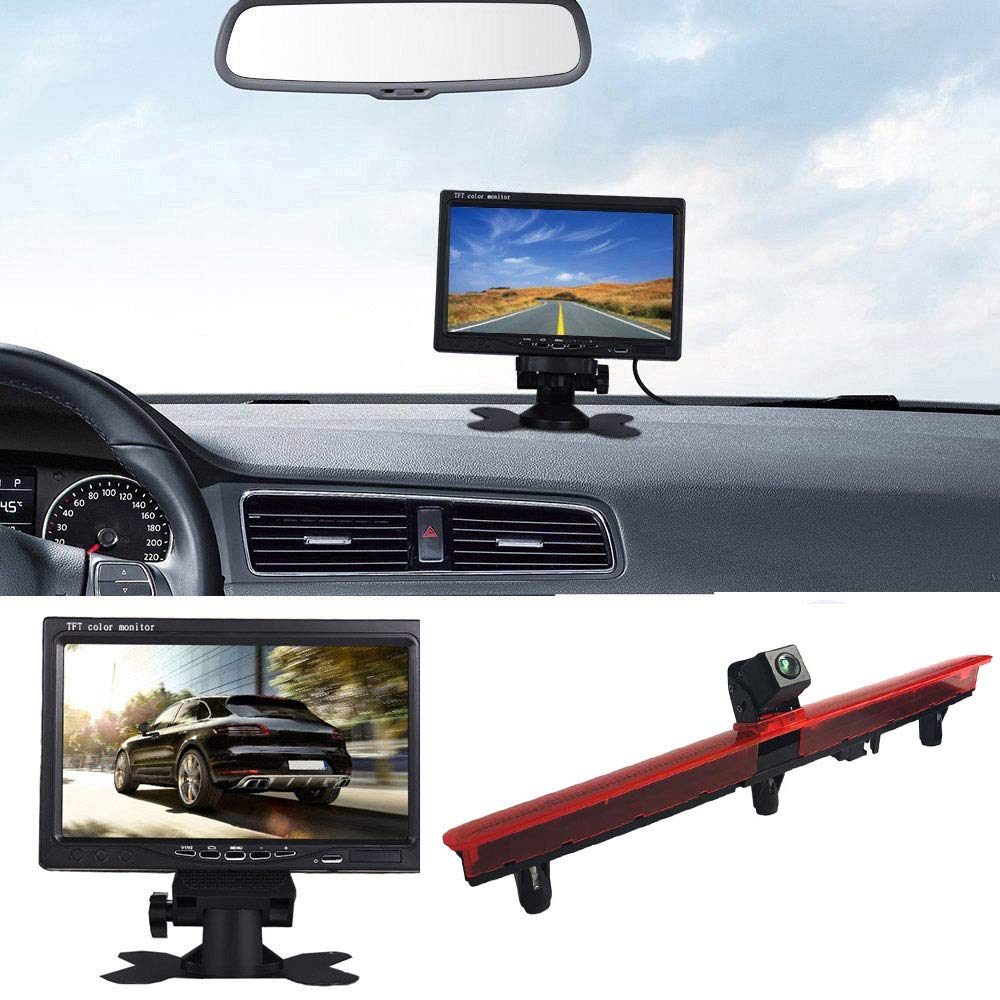 【Reverse Camera + 7 Inch TFT LCD Auto Monitor】Car Third Roof Top Mount Brake Lamp Rear View Backup Camera with Car Monitor for VW Transporter T5 Bus Multivan Caravelle Business Car 2003-2015 Bj