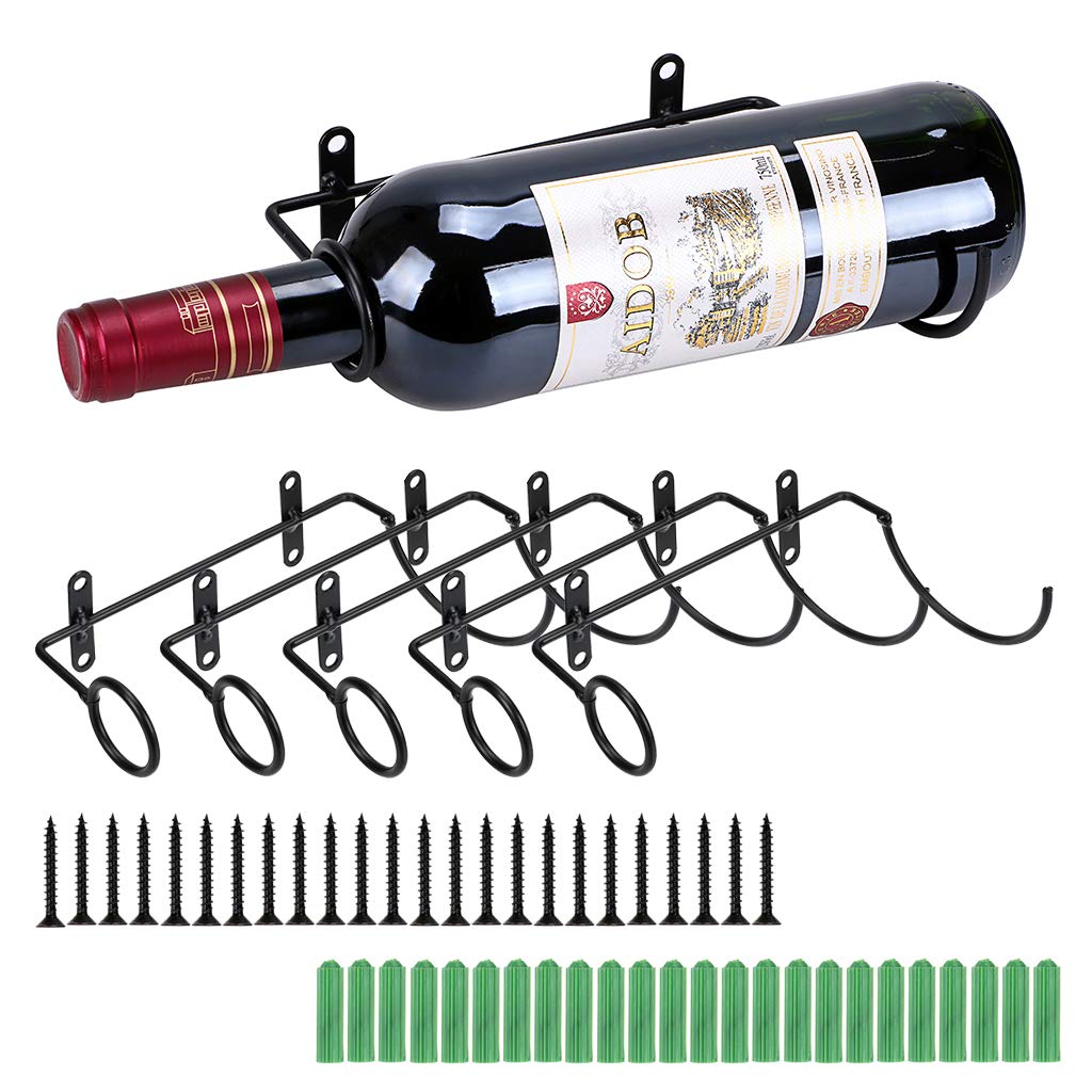 BSTKEY Set of 6 Wall Mounted Iron Wine Bottle Holder Racks - Red Wine and Liquor Display, Metal Hanging Organizer (Bottle Mouth to The Left)