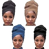 4 Packs Stretch Jersey Turban Head Wrap Scarf African Headwraps for Women Head Wraps Long Hair Scarf Ultra Soft Breathable Solid Color Turban Tie Large Headband (Black Dark Grey Light Brown Blue)