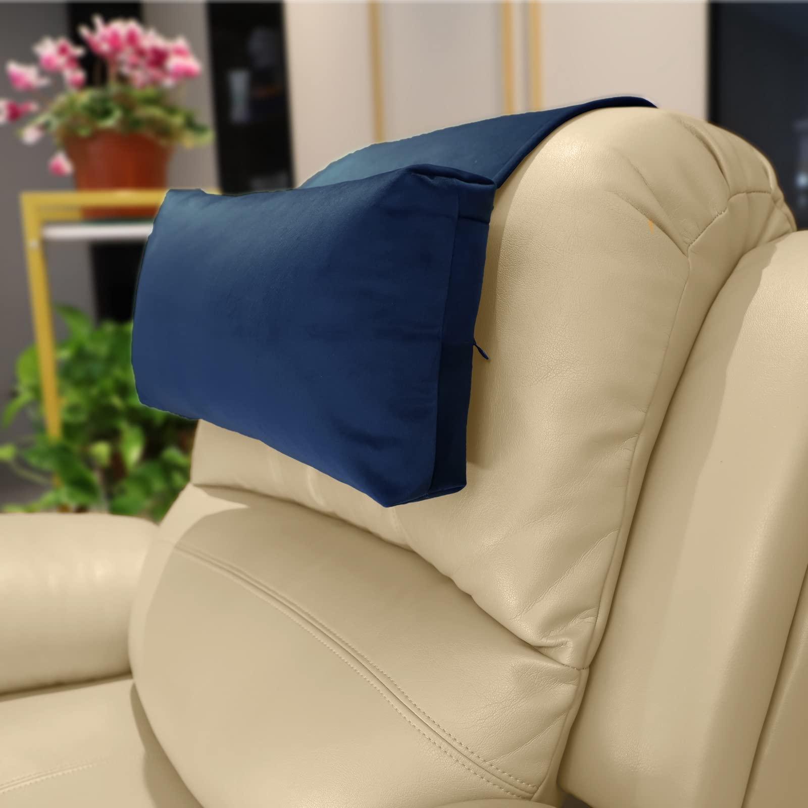 Photo 1 of AmazeCov Adjustable Headrest Pillow for Recliners and Armchairs - Non-Slip Velvet Cushion for Neck Support and Pain Relief (Navy)