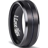 Mens Wedding Band Tungsten Rings for Men 8mm Black Brushed Finish Blue Red Gold Groove Centre Comfort Fit Multi Size Engraved I Love You