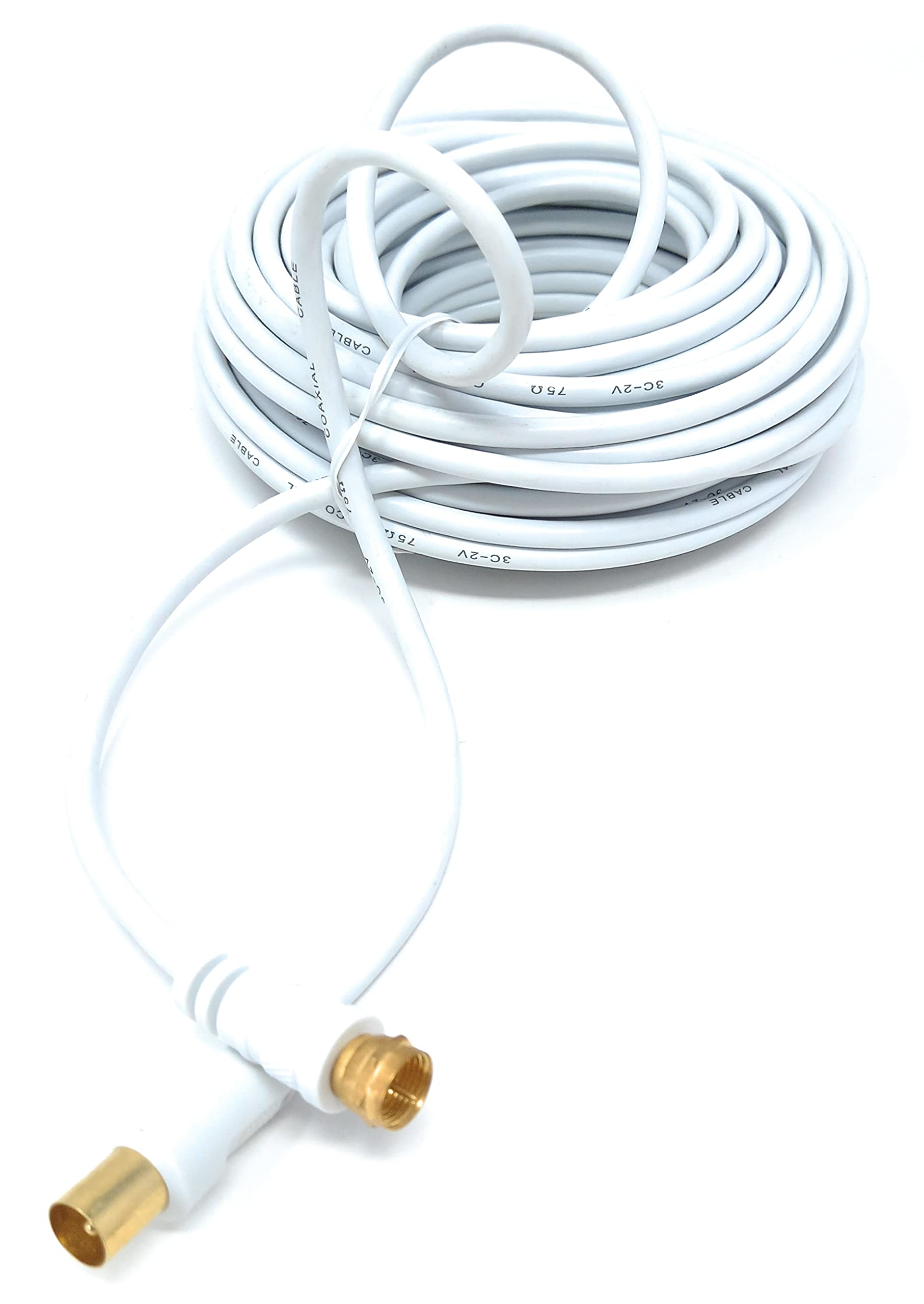 DRUT 15m RF TV Aerial Male to F Type Connector Male Plug Coaxial Coax Cable, Lead, 75 Ohm, 3C-2V 50ft White Gold Connectors