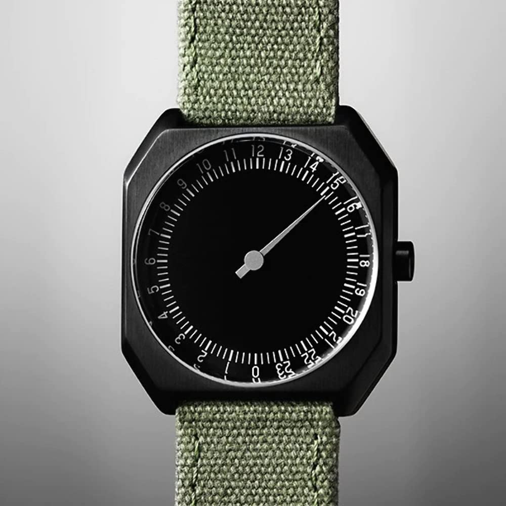 slow Jo 15 - Swiss Made one-hand 24 hour watch - Black with olive grenn canvas band