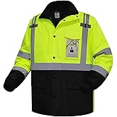 Uno Mejor Hi Vis Jackets for Men, Safety Jackets for Men& Women, Reflective Coat with Pockets for Cold Weather, Waterproof High Vis Rain Coat, Class 3, Yellow-Black Long, XL