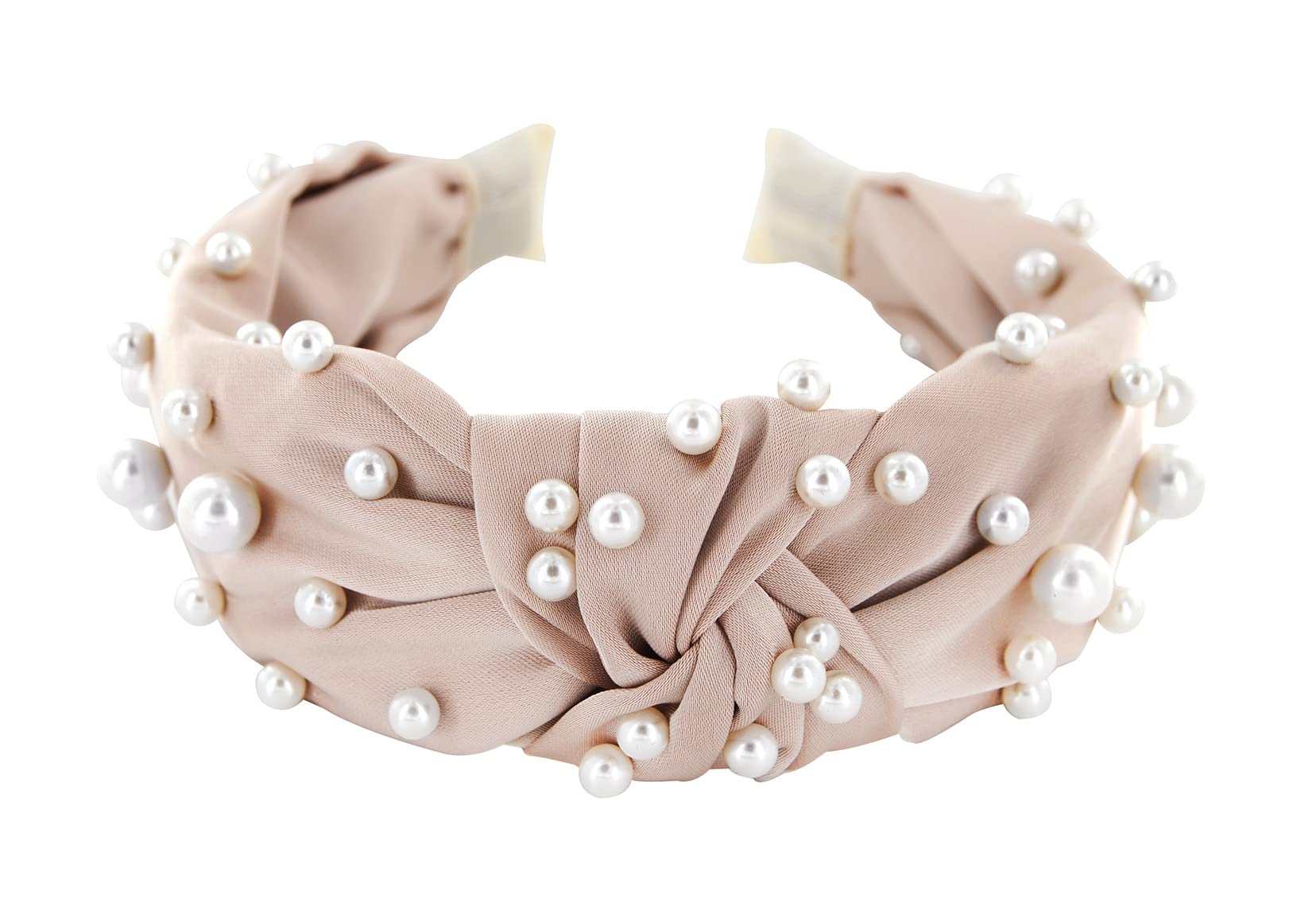 axy Headband with Pearls and Knot Satin Covered Vintage Beautiful Headband Hair Accessories Women's Headband HR35AP (Taupe)