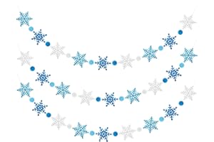 Jansun 3 Pack Winter Felt Pom Pom Garlands 24.6 Feet Christmas Tree Decorations White Blue Snowflake Garland Ornaments for Winter Xmas Tree Home Outdoor Party Hanging Decor Supplies