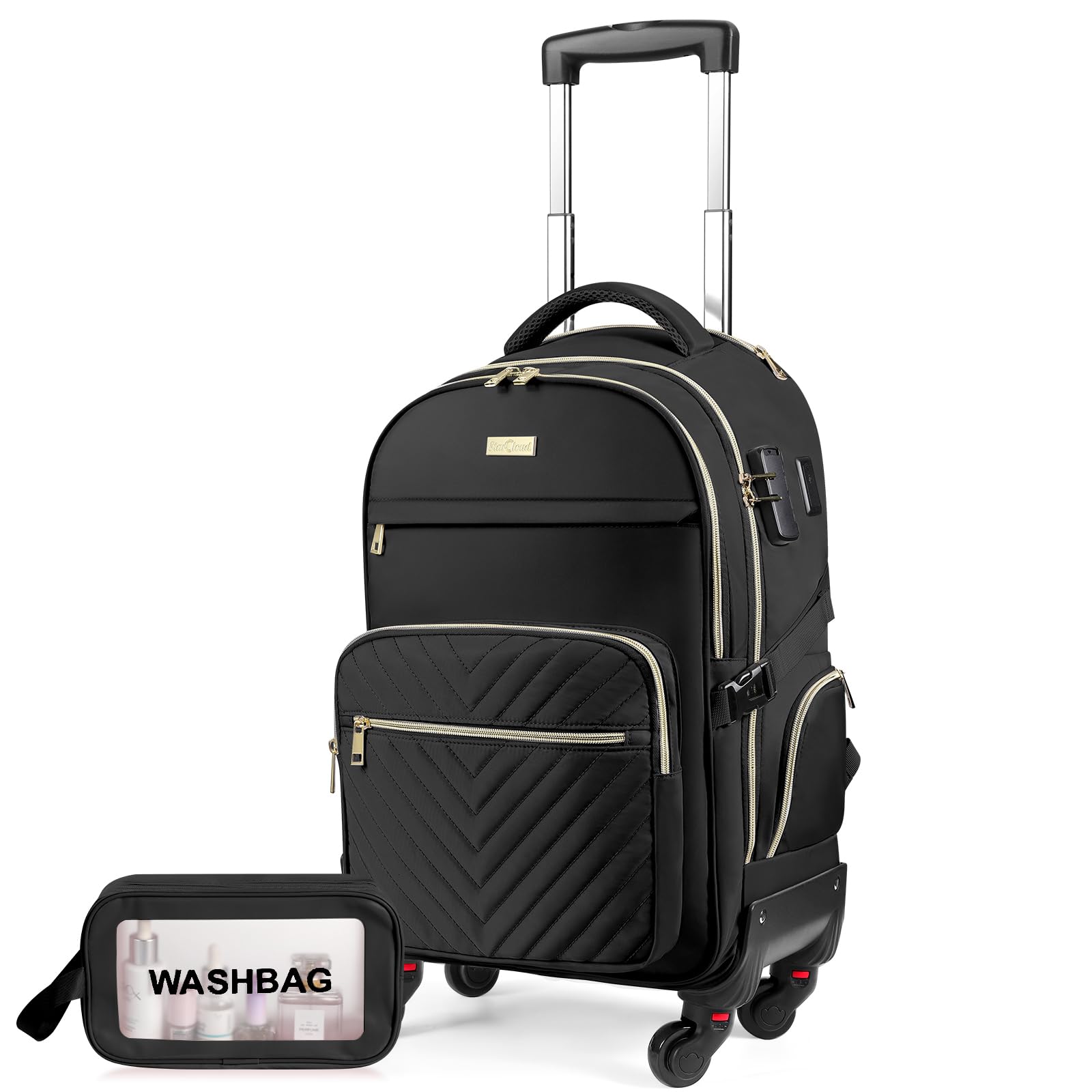 Photo 1 of star cloud Rolling Backpack for Women, 21"x14"x9",45L Travel Backpack with Wheels and USB & Type-C Charging Ports, Fits 17.3", Water-Resistant Carry-On Luggage for Work & Travel (Black)