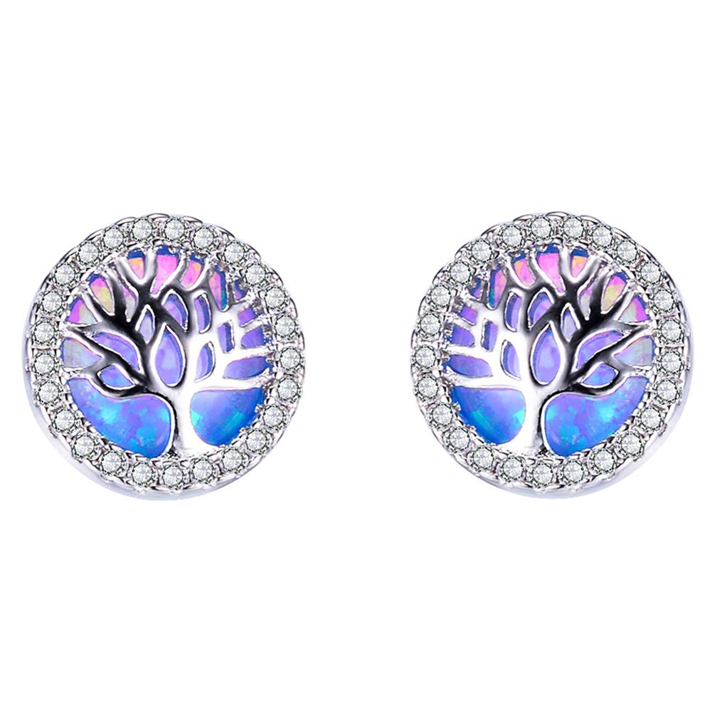 HIJONES Women's 925 Sterling Silver Round Cubic Zirconia Opal Tree of Life Stud Earrings Blue Hypoallergenic
