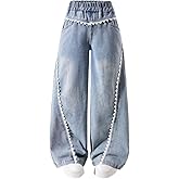 Nivne Tco Tween Girls Jeans, Trendy Wide Leg Baggy Pants with Lace Trim - Casual Elastic Waist Denim Pants with Four Pockets