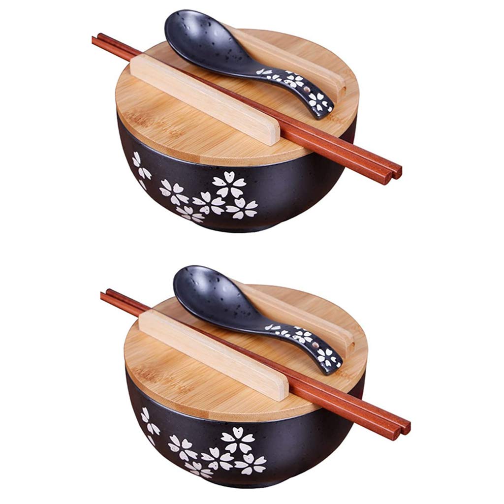 zaqiming Japanese Cuisine Tableware Korean Vintage Bowl Noodles Rice Bowl Japanese Style White Ceramic Instant Noodle Bowl Chopsticks with lid and Spoon Kitchen Supplies