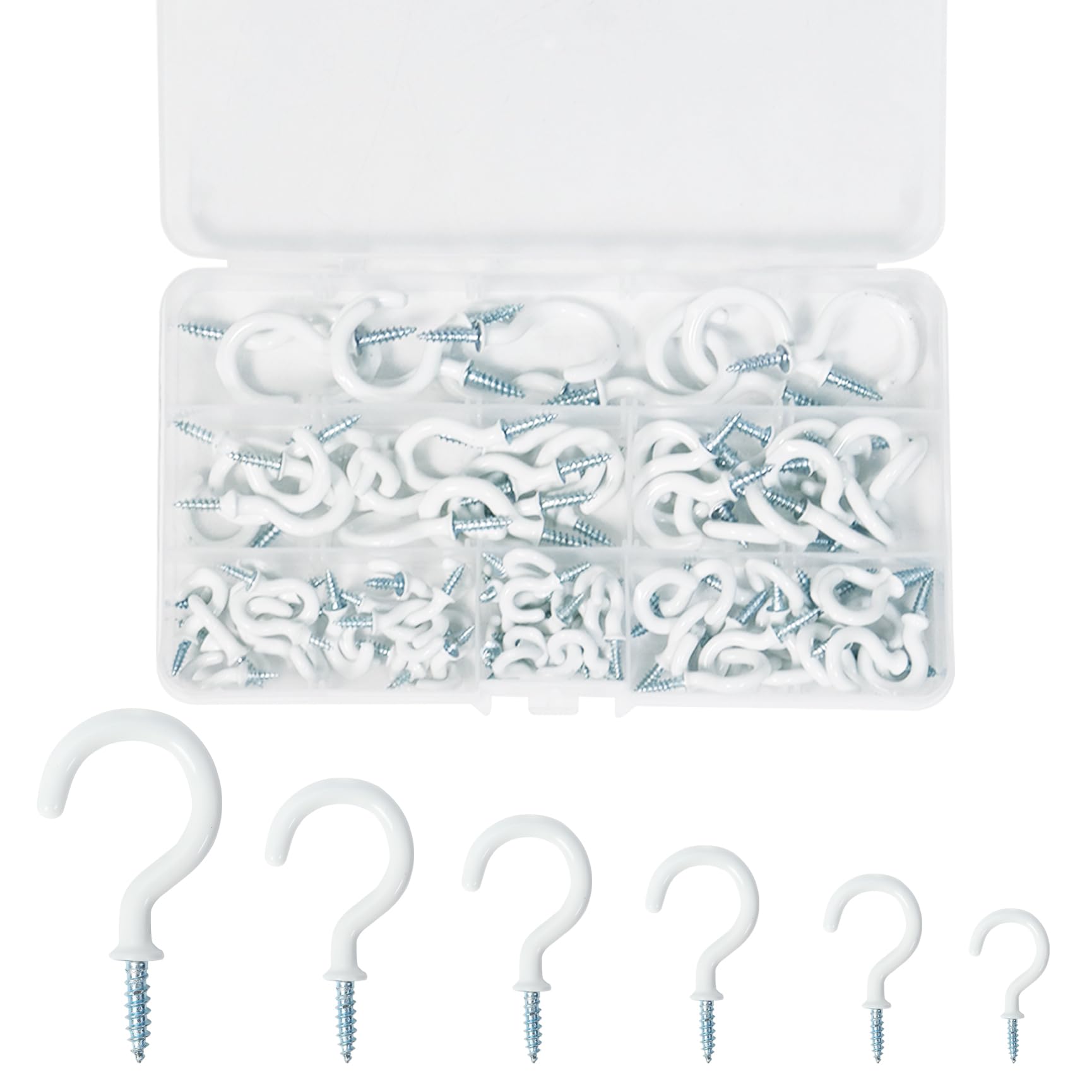 Qaziuy 100Pcs 6Sizes Screw in Hooks Cup Hooks, White Hooks Plastic Coated Ceiling Hooks for Hanging,Multipurpose Screw Hooks Mug Hooks Hangers with Storage Box