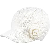 Womens Winter Elegant Cable Flower Knitted Newsboy Cabbie Cap Beret Beanie Hat with Visor, Warm Plush Fleece Lined