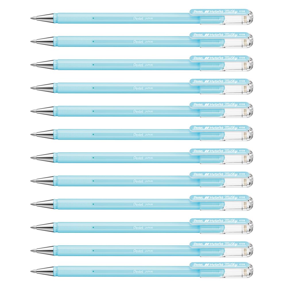 Pentel K108 Hybrid Milky Gel Rollerball Pen, Pastel Blue (Pack of 12)