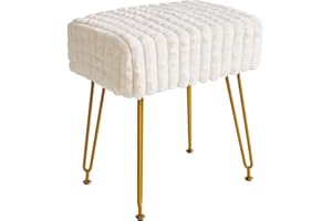 IBUYKE Rectangular Footrest Stool Ottoman, Makeup Vanity Stool Side Table, Velvet Dressing Table Seat, Footstool Chair, Golden Steel Legs, for Makeup Room, Bedroom, Square Grid Pattern, White WBD003W