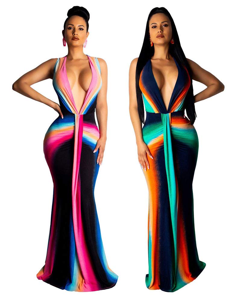 Ophestin Women\'s Long Elegant Party Dresses Sexy Deep V-Neck Maxi Dress