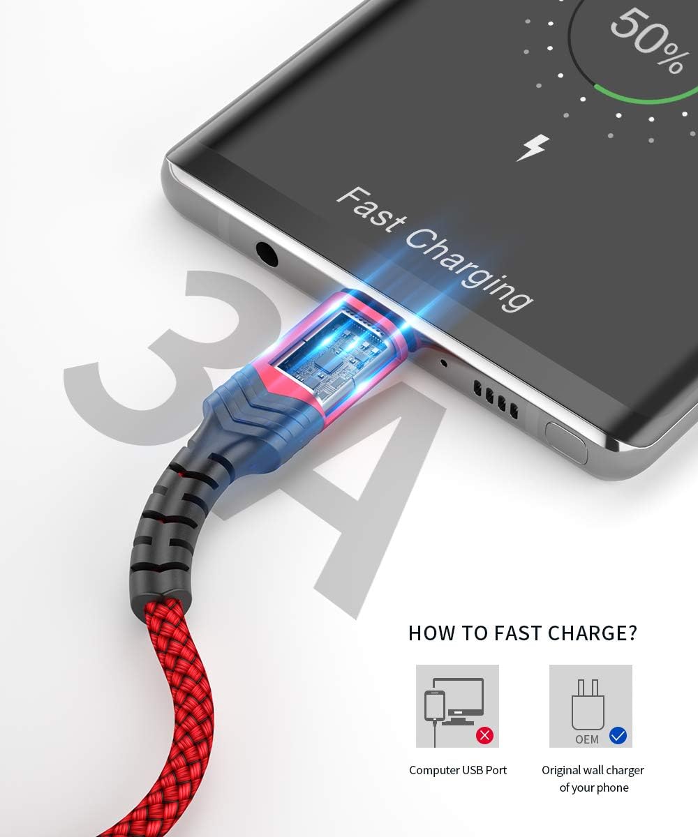 USB Type C Cable 3A Fast Charging, JSAUX (2-Pack 6.6ft+6.6ft) USB-A to USB-C Charge Braided Cord Compatible with Galaxy S10 S10E S9 S8 S20 Plus,Note 20 10 9 8 and Other USB C Charger (Red): Computers & Accessories