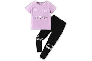 TOGRIELAN 4-8T Toddler Girl Clothes Cat face print Short Sleeve Top+Pants Outfits Girl Spring and summer 2-Piece Set